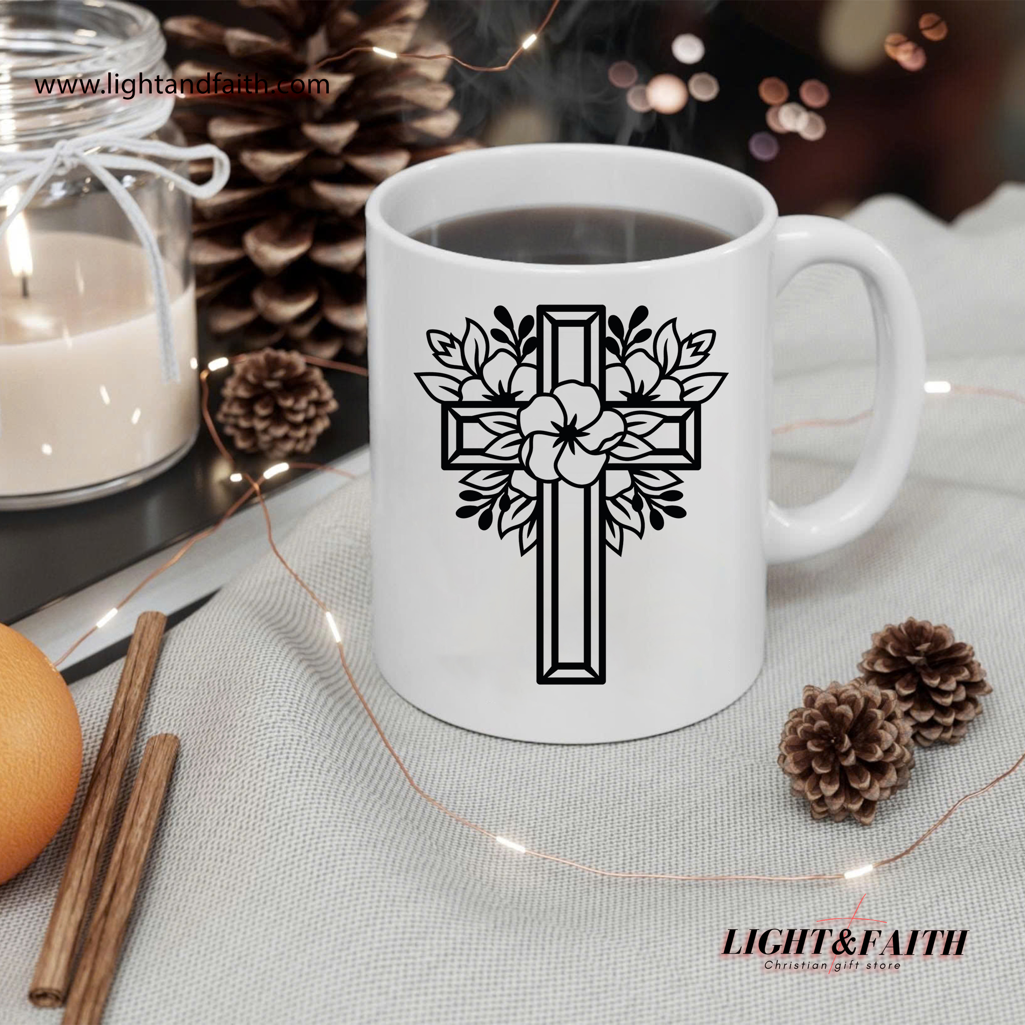 Floral Cross Christian Mug – Religious Coffee Cup with Flower Cross Design, Faith-Based Gift MULAF48